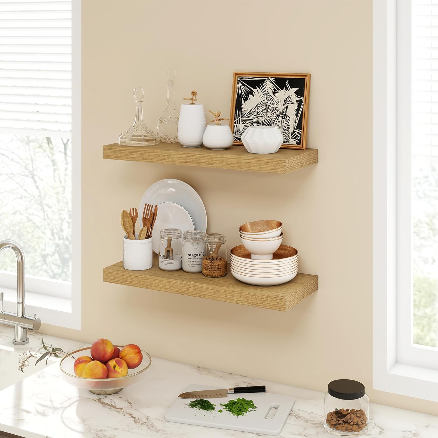 24 Inch Floating Shelves, 9.3" Deep Floating Shelf Wall Mounted, 24" Wall Shelves, Rustic Deep Bookshelf, Large Display Shelves & Storage Shelves for Bedroom, Living Room, Oak, Set of 2