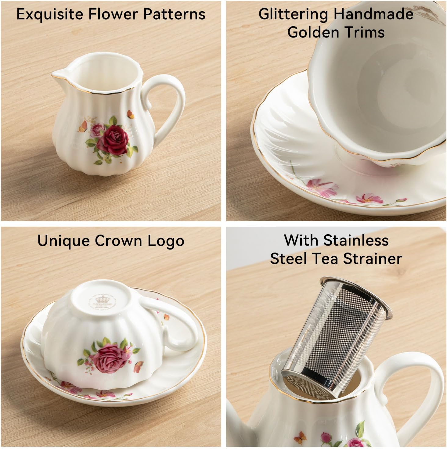 Porcelain Tea Sets British Royal Series, 8 OZ Cups & Saucer Service for 6, with Teapot Sugar Bowl Cream Pitcher Teaspoons and Tea Strainer, Suitable for High Tea, Wedding, Party (Midsummer Rose)