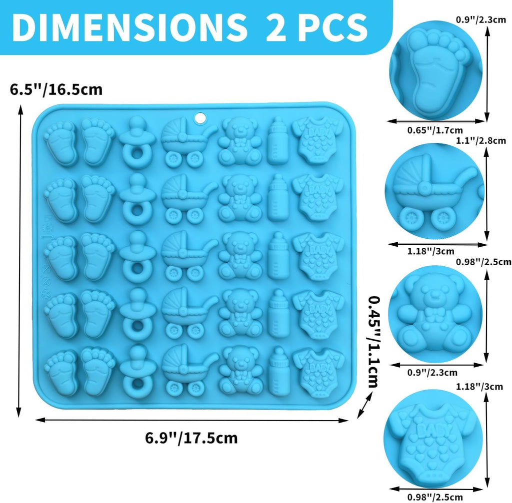 2 Pack Baby Shower Chocolate Molds - Baby Feet, Baby Onesie Baby Bottle Pacifier Baby Carriage Bear Mold, Baby Silicone Mold for Candy Gummy Cake Cupcake Decoration Chocolate