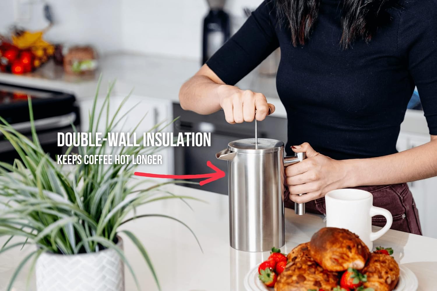 Barista Warrior French Press with Thermometer - Insulated Coffee Press - Stainless Steel Coffee Maker (1.0L | 34 fl oz) (White)