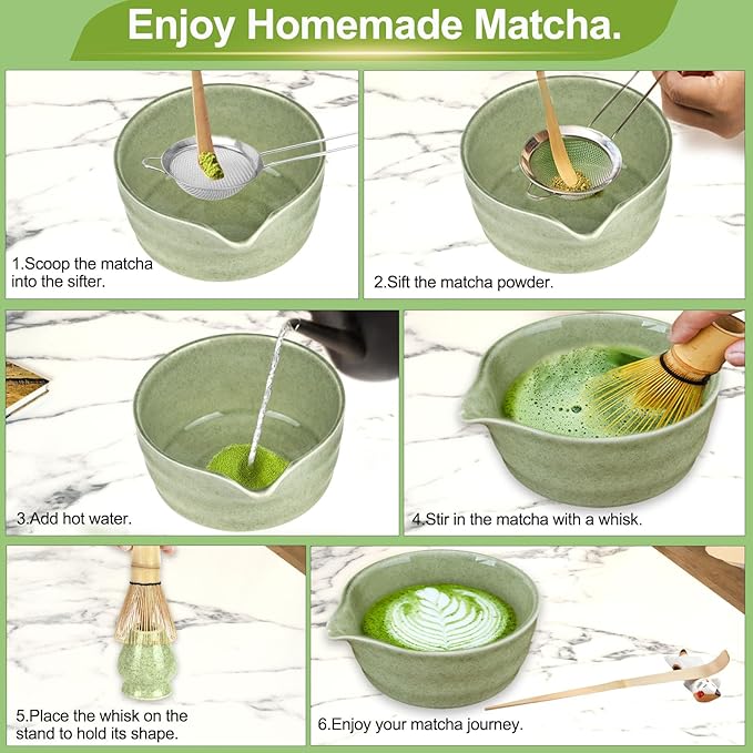 7 Pcs Matcha Whisk Set with Ceramic Bowl, Whisk, Holder, Bamboo Scoop, Sifter, Spoon and Holder, Matcha Kit for Matcha Lover (Matcha Green)