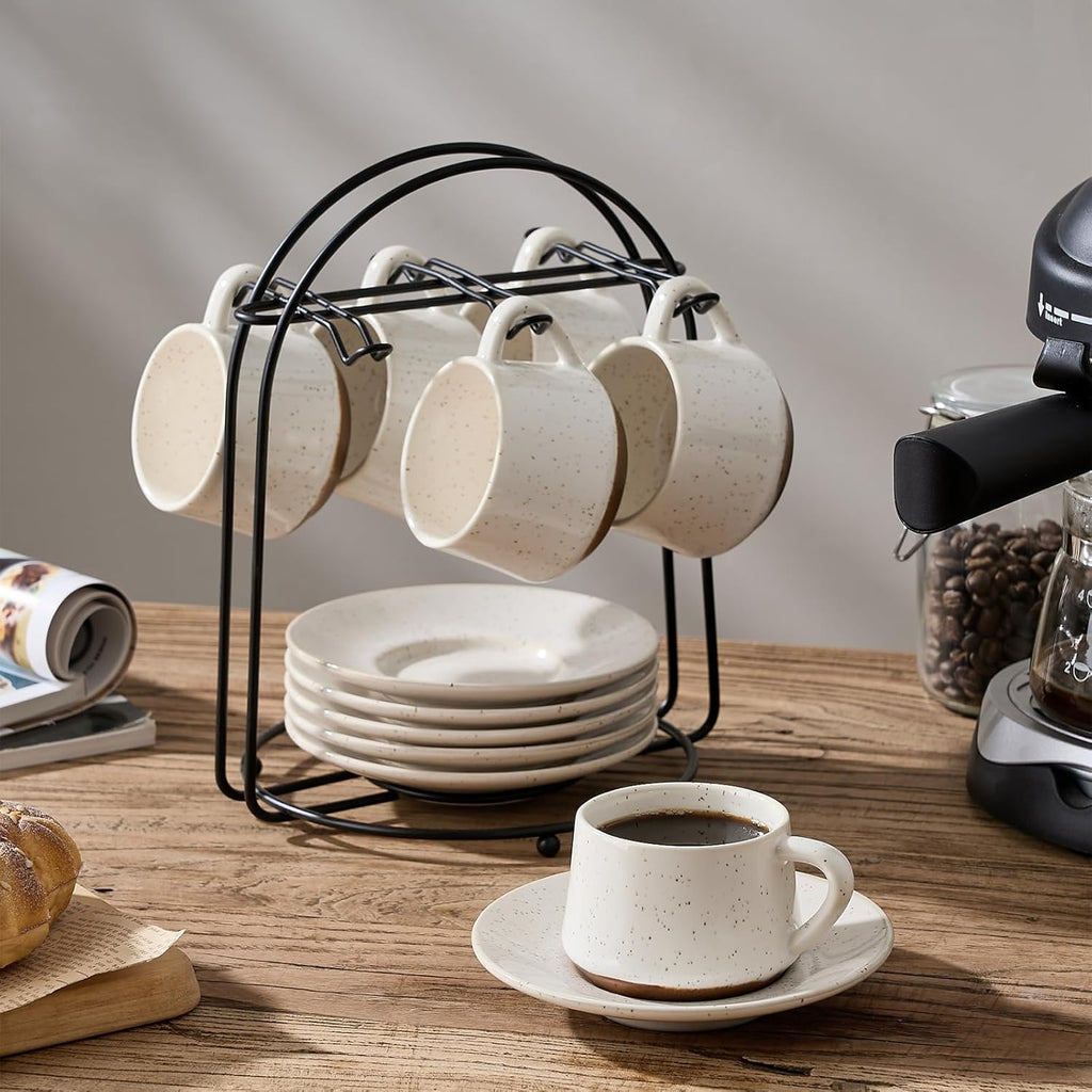 SIDUCAL Stackable Cappuccino Cup Set of 6 [4 oz] Ceramic Coffee Cups with Saucers and Cup Holder,Microwave/Dishwasher Safe,Espresso Demitasse Cups(White)