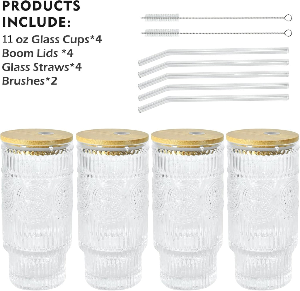 4 Pcs 11 oz Drinking Glasses Cups Set with Bamboo Lids Straws Brush Small Glassware Set for Juice Iced Coffee Cocktail Whiskey(Sunflower*4)