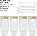 4 Pcs 11 oz Drinking Glasses Cups Set with Bamboo Lids Straws Brush Small Glassware Set for Juice Iced Coffee Cocktail Whiskey(Sunflower*4)