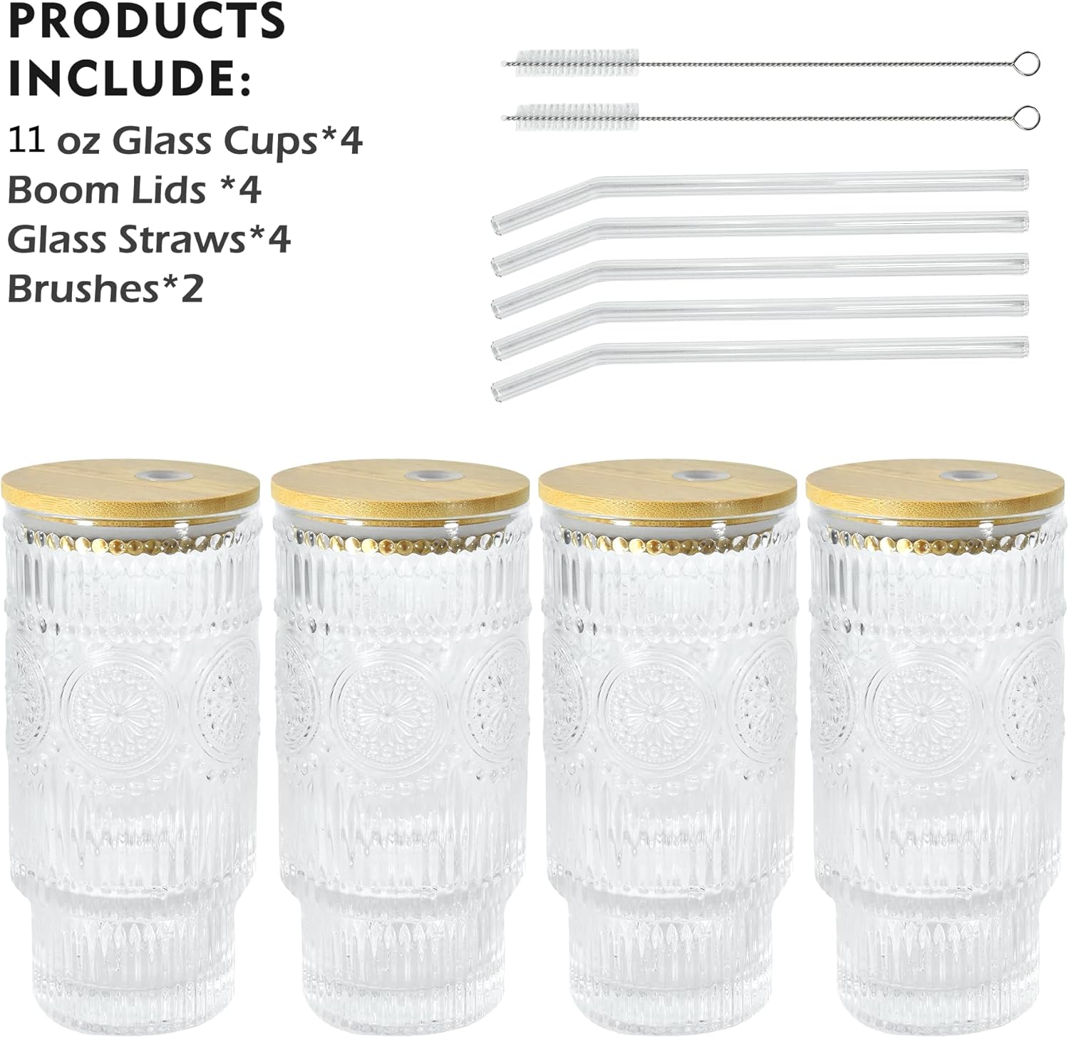 4 Pcs 11 oz Drinking Glasses Cups Set with Bamboo Lids Straws Brush Small Glassware Set for Juice Iced Coffee Cocktail Whiskey(Sunflower*4)