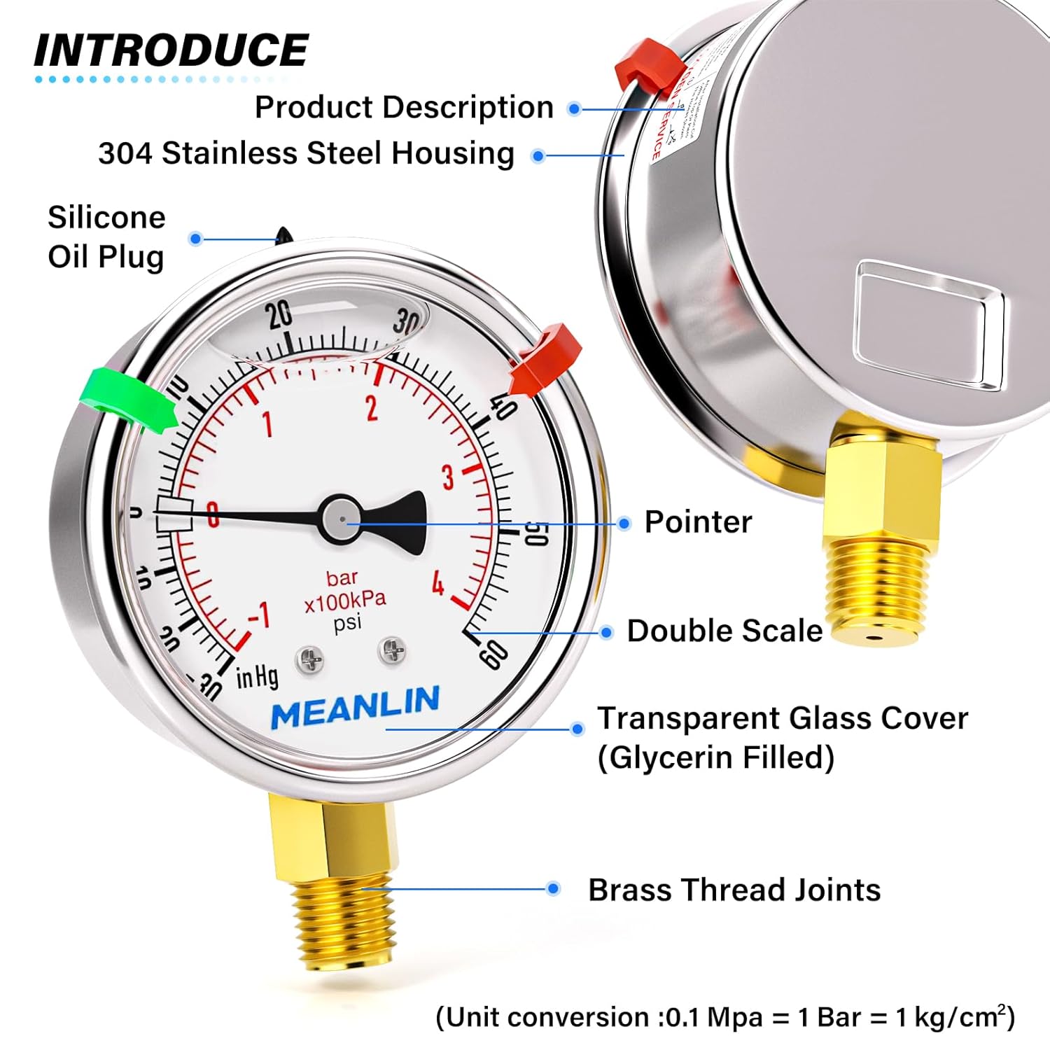 MEANLIN MEASURE -30inHG~60Psi Vacuum Pressure Gauge 1/8" NPT 2.5" FACE DIAL, Stainless Steel Liquid Filled Pressure Gauge WOG Water Oil Air Lower Mount (with 2PCS Snaps)