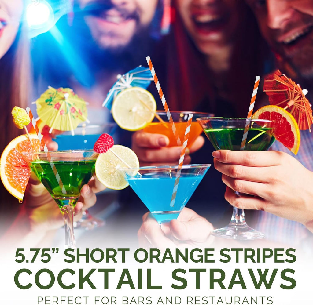 5.75 inch Orange Paper Cocktail Straws, Short Disposable Drinking Straws 500 Counts, Unwrapped - Compostable
