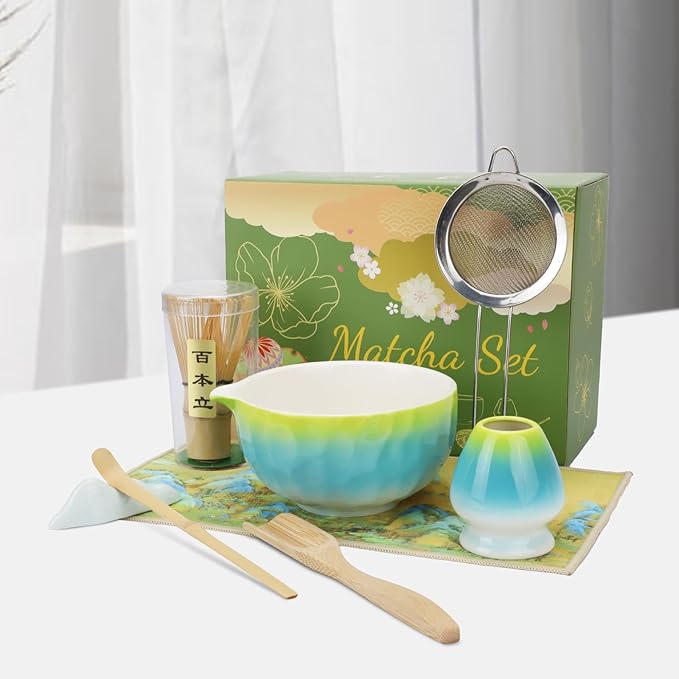 8PCS Matcha Whisk Set, Ceramic Matcha Tea Set Includes Matcha Bowl with Spout, Holder, Bamboo Whisk, Spoon, Sifter, Tea Cloth, Scoop and Scoop Stand (Hammered Gradient Green and Blue)