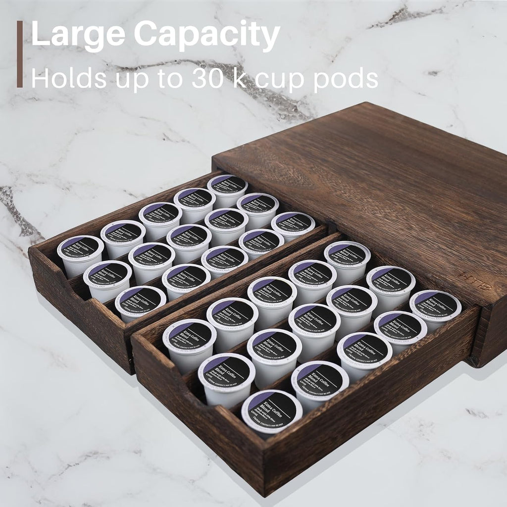 HTB K Cup Holder Compatible with K Cups,Coffee Pod Holder Holds Up 30 Cups,K Cup Organizer Storage Drawer (Wood-b)