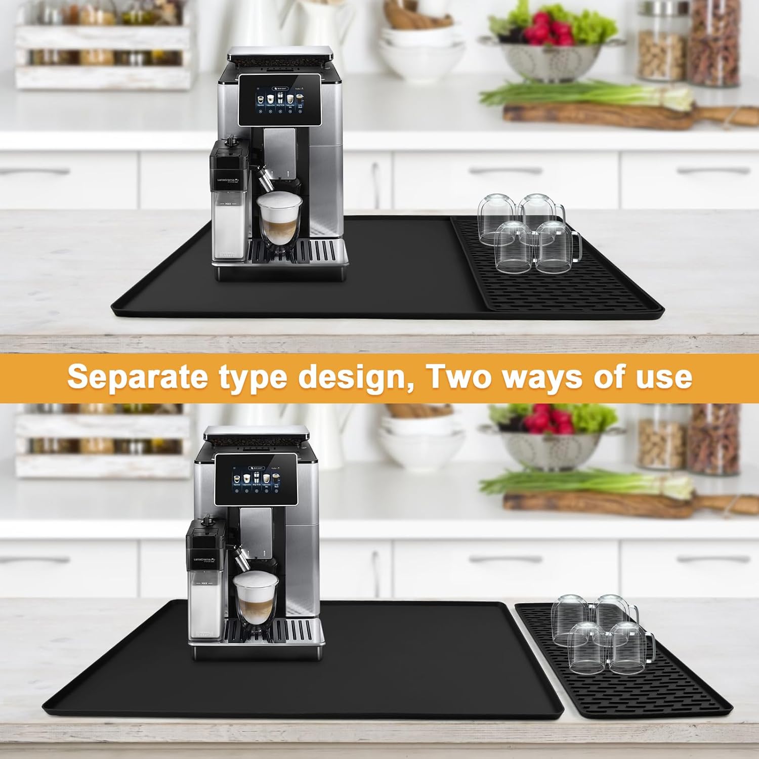Silicone Coffee mat 24''x16'' – Non-Slip Bar Mat with Detachable Drying Layer for Espresso Machines, Countertops & Dish Racks-Black