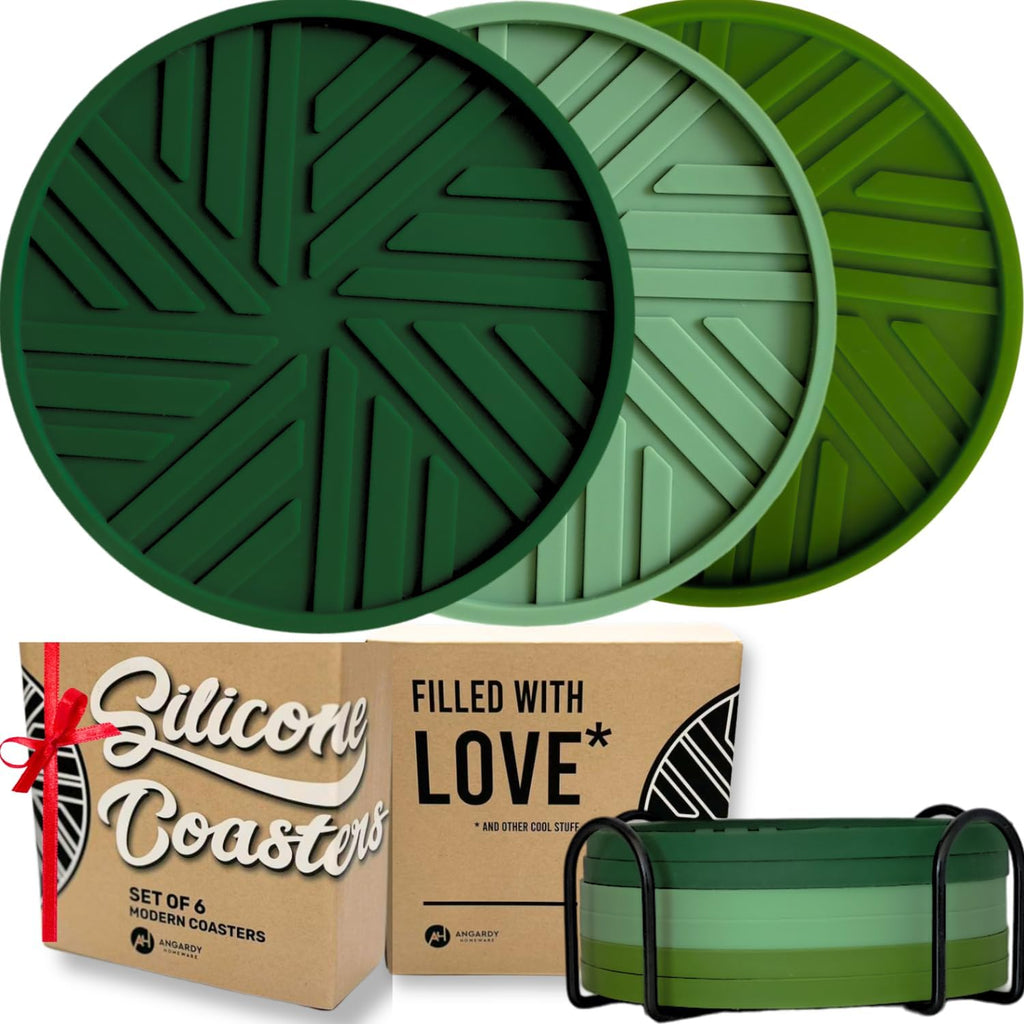 Silicone Coasters Set of 6 with Unique and Modern Patterns for Table Decor - Perfect for Outdoors and Coffee Table Protection- Green Sage