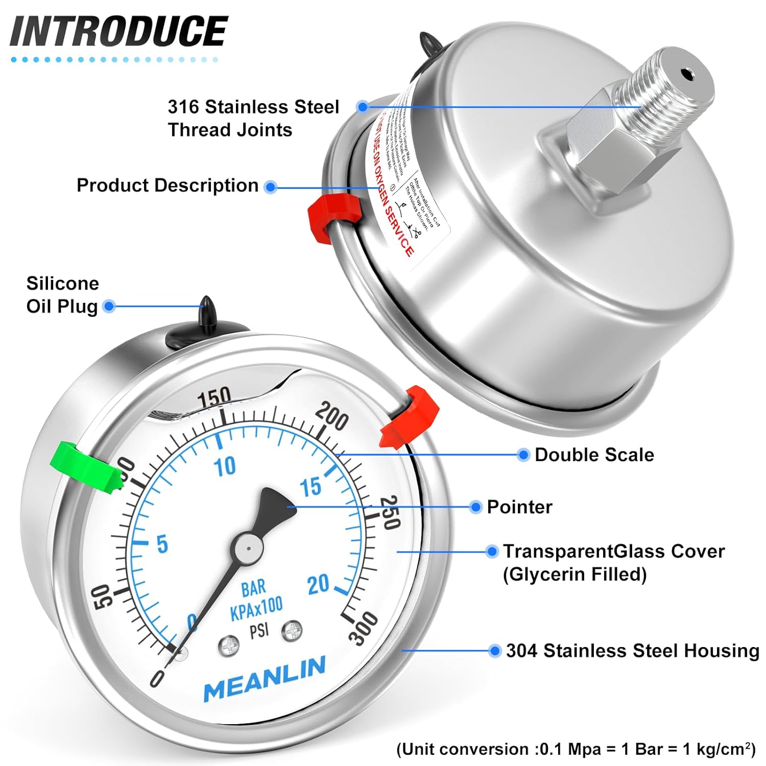 MEANLIN MEASURE 0~300Psi Stainless Steel Liquid Filled Pressure Gauge 2.5" FACE DIAL 1/4" NPT for Air Compressor Air Regulator Water Filter Back Mount with Stainless Steel Hex Bushing and Snaps