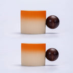 Ceramic Mini Espresso Cups Demitasse Cups with Round Wooden Handle Vertical Stripes Tea Cups (Beige&Orange, 2pcs)