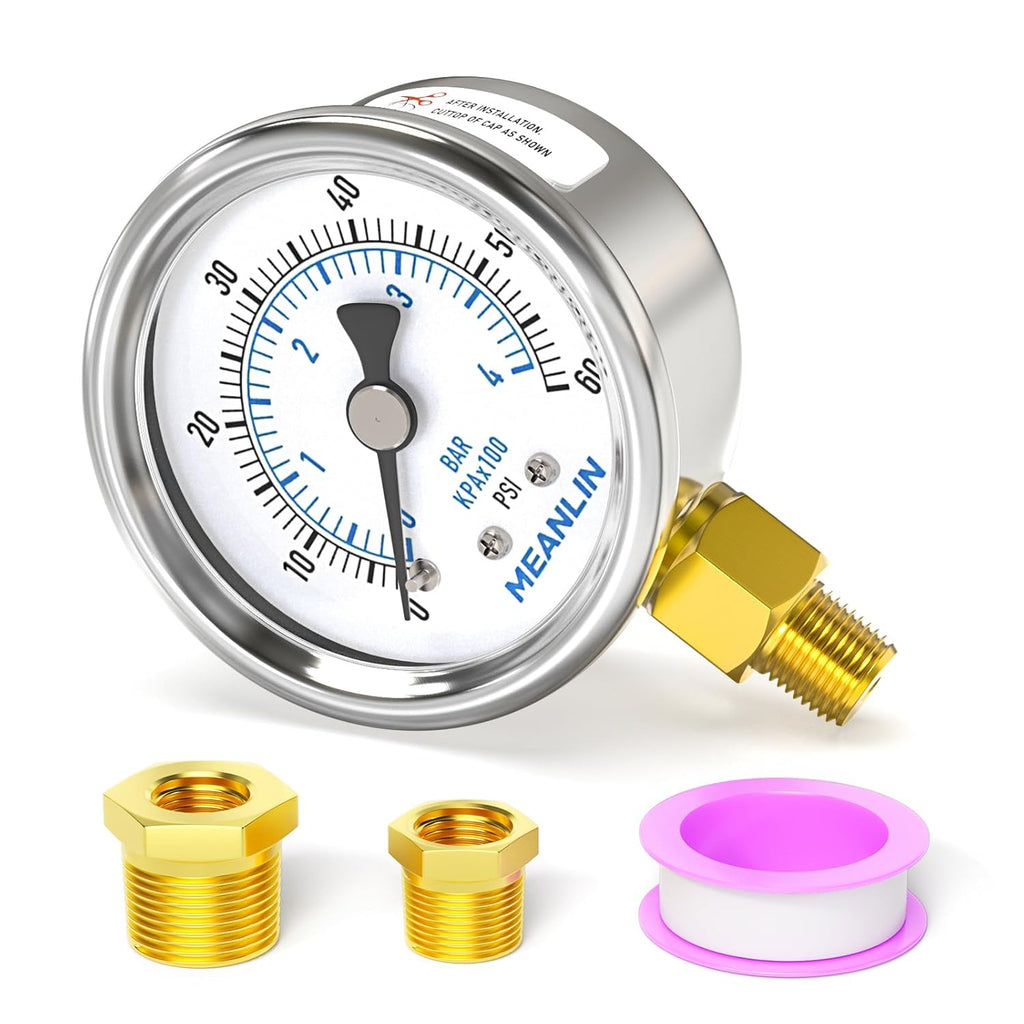 MEANLIN MEASURE 0~60Psi Dry Pressure Gauge Stainless Steel 1/8" NPT 2" FACE DIAL Waterproof for Pool Filter Pump Oil Air Compressor Tire Pressure Tester Lower Mount with 1/4" NPT and 3/8" NPT Hex Bush