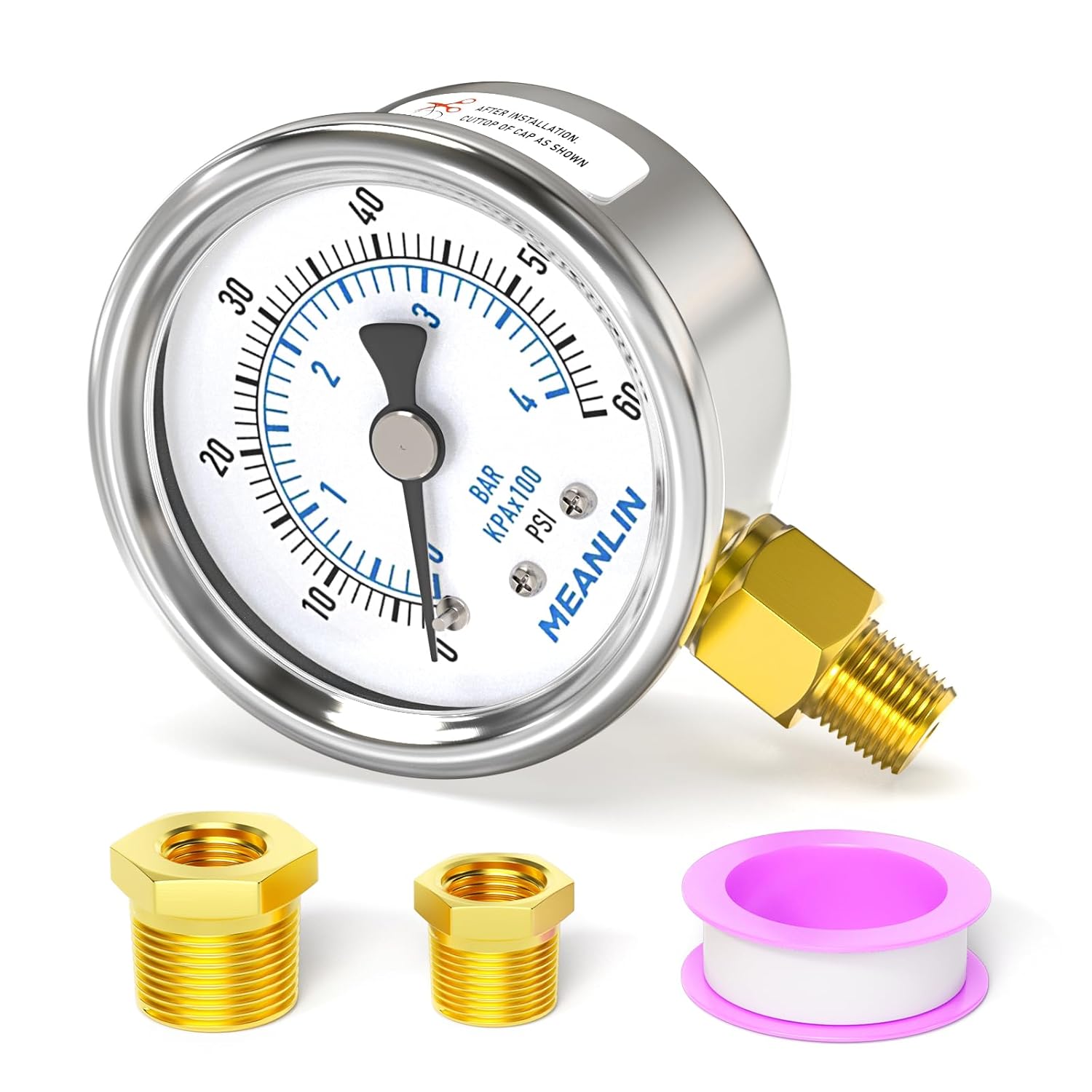 MEANLIN MEASURE 0~60Psi Dry Pressure Gauge Stainless Steel 1/8" NPT 2" FACE DIAL Waterproof for Pool Filter Pump Oil Air Compressor Tire Pressure Tester Lower Mount with 1/4" NPT and 3/8" NPT Hex Bush