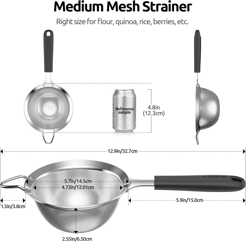U-Taste Medium Fine Mesh Strainer: 18/8 Stainless Steel 4.73in 30 Mesh Kitchen Food Sieve with Sturdy Riveted Silicone Handle, Heavy Duty Deep Handheld Metal Colander for Rice, Quinoa, Flour (Black)