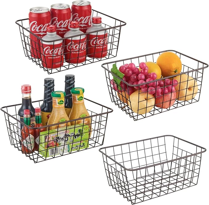 Wire Kitchen Storage Basket 4 Packs,Perfect Pantry Organization Accessories Basket,Laundry Basket,Countertop Organization,Suitable for Kitchen,Bathroom,Bedroom,Tabletop,Stackable,Brown