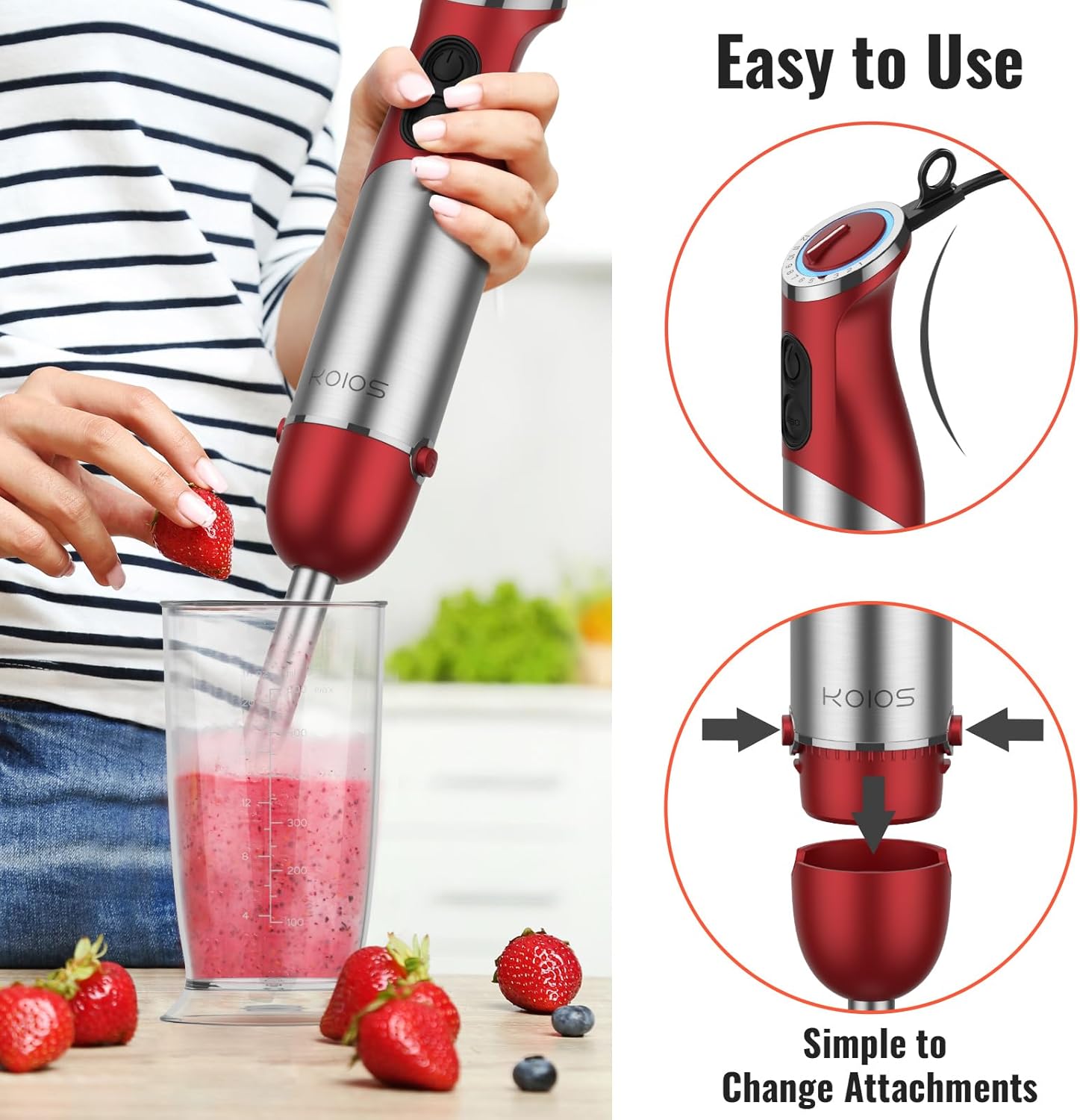 KOIOS 5-in-1 Hand Immersion Blender, 1000W 12 Speed Handheld Blender Stick with Copper Motor Stainless Steel Blade, 600ml Mixing Beaker,500ml Food Processor, Whisk, Milk Frother, Non-BPA, Red