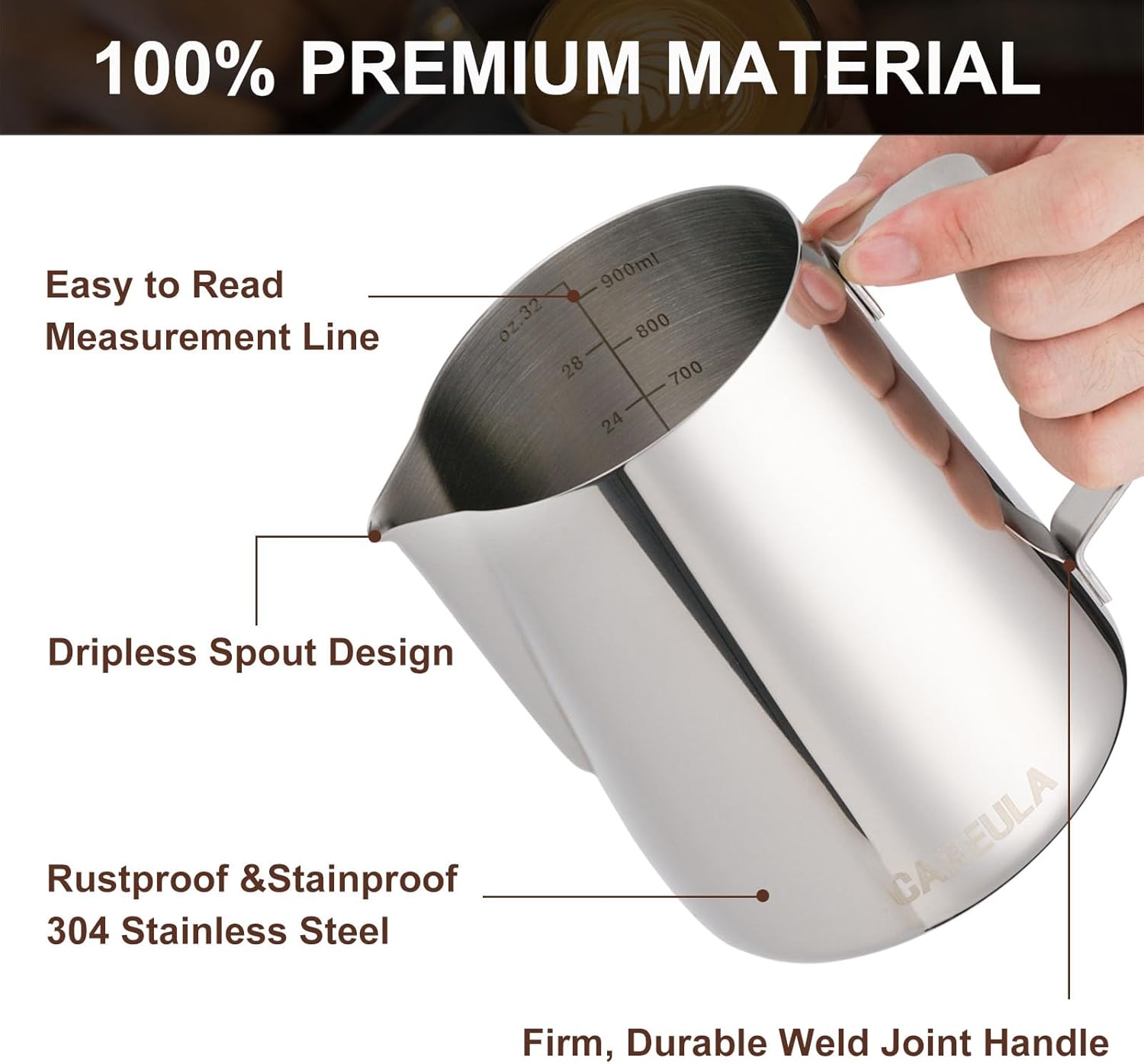 Milk Frothing Pitcher, 32oz Stainless Steel Milk Frother Cup Steaming Pitcher, Coffee Bar Cappuccino Espresso Machine Accessories Barista Tools, Metal Pitcher Milk Jug with Decorating Latte Art Pen