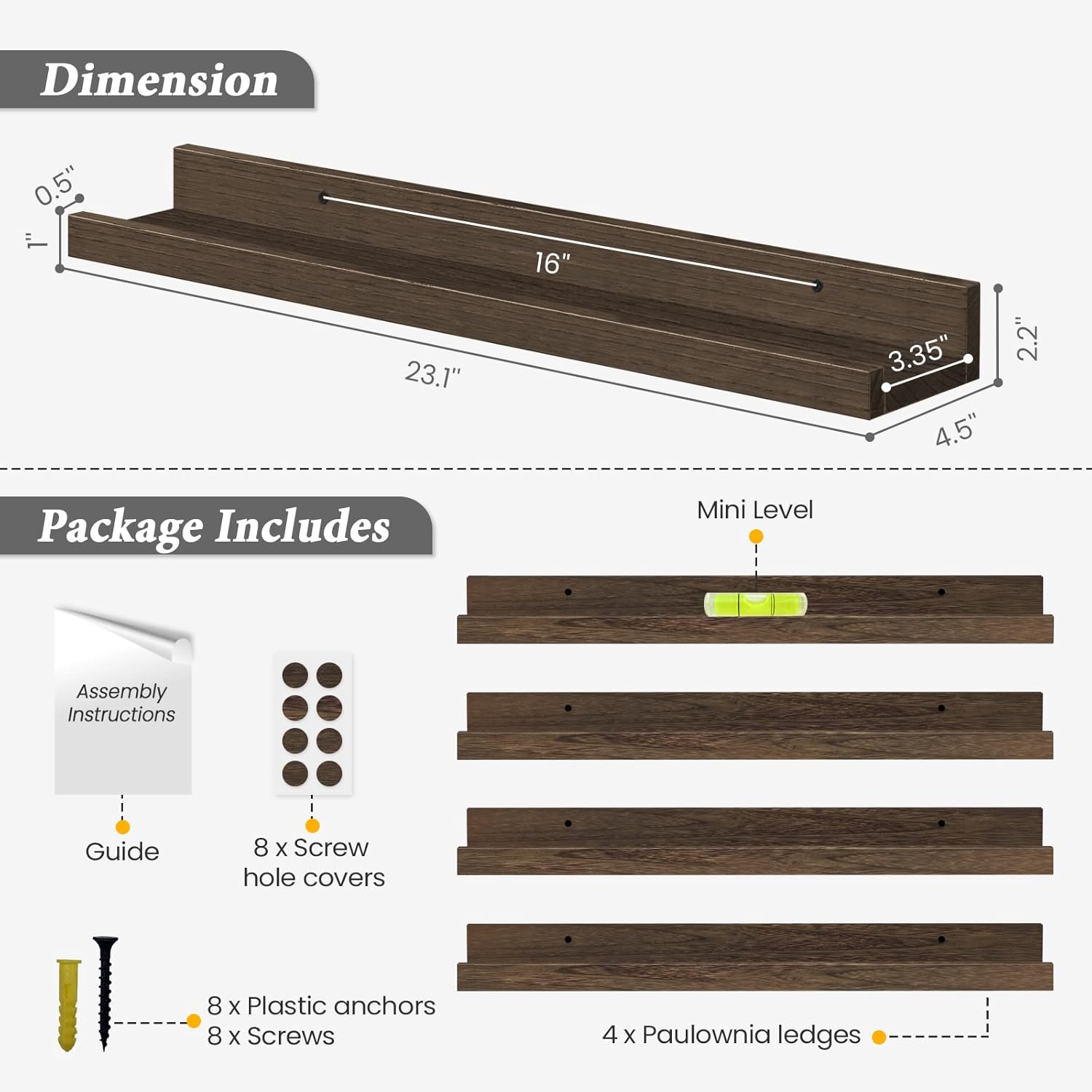 Forbena 24 Inch Rustic Picture Ledge Shelf Set of 4, Wooden Floating Shelves with Lip for Wall, Wide Farmhouse Hanging Photo Ledge Shelves for Bedroom Living Room Books (Solid Wood, Dark Brown)