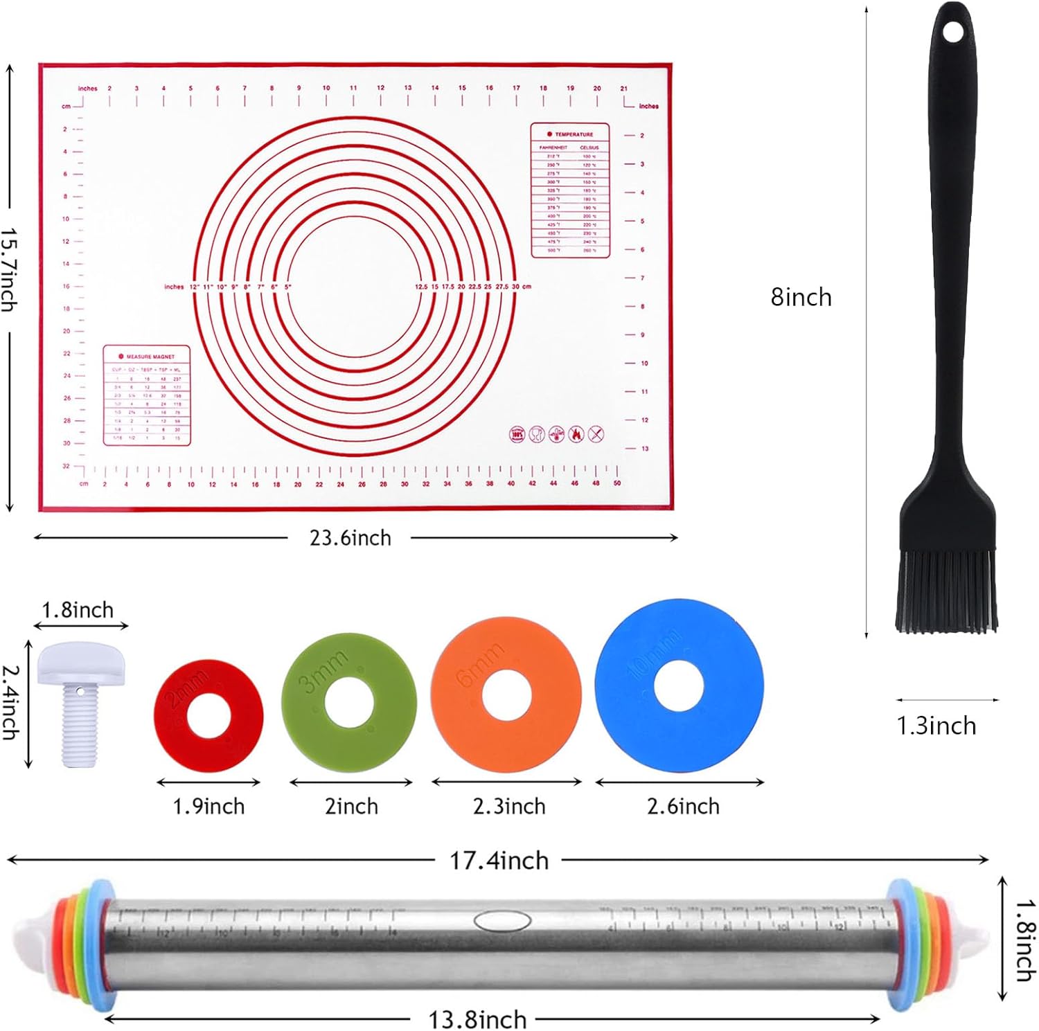 Adjustable Rolling Pin 3 Set and Silicone Baking Pastry Mat Silicone Bush Set,Thickness Rings,Stainless Steel Dough Roller 17.4" Rolling Pins for Baking Dough