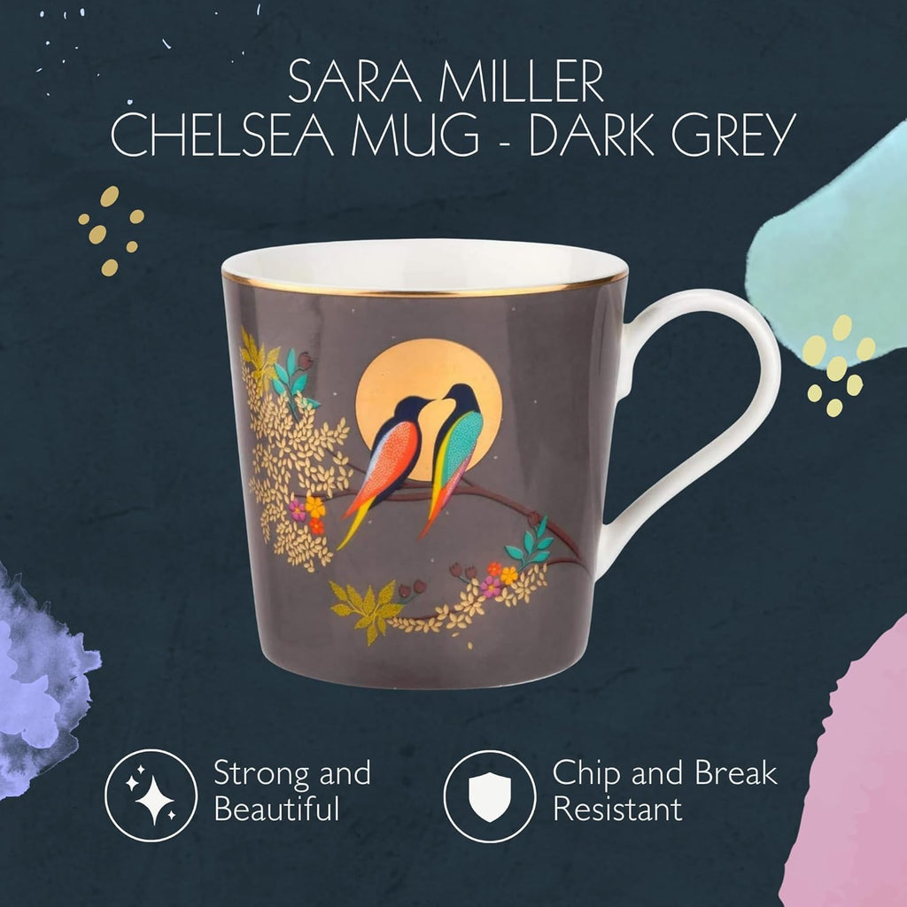 Portmeirion Sara Miller Chelsea Mug, Dark Grey - Elegant 12oz Fine China Cup with 22K Gold Details - Tea Time Chinaware for Afternoon Tea Presentation, Gift-Boxed Drinkware