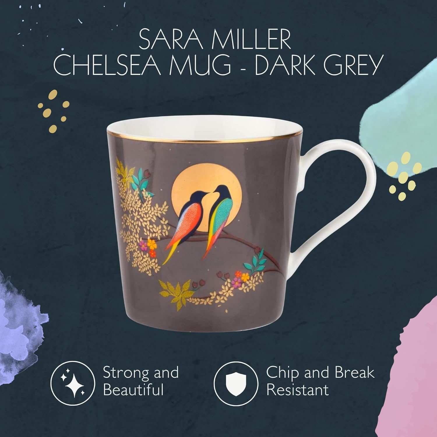 Portmeirion Sara Miller Chelsea Mug, Dark Grey - Elegant 12oz Fine China Cup with 22K Gold Details - Tea Time Chinaware for Afternoon Tea Presentation, Gift-Boxed Drinkware