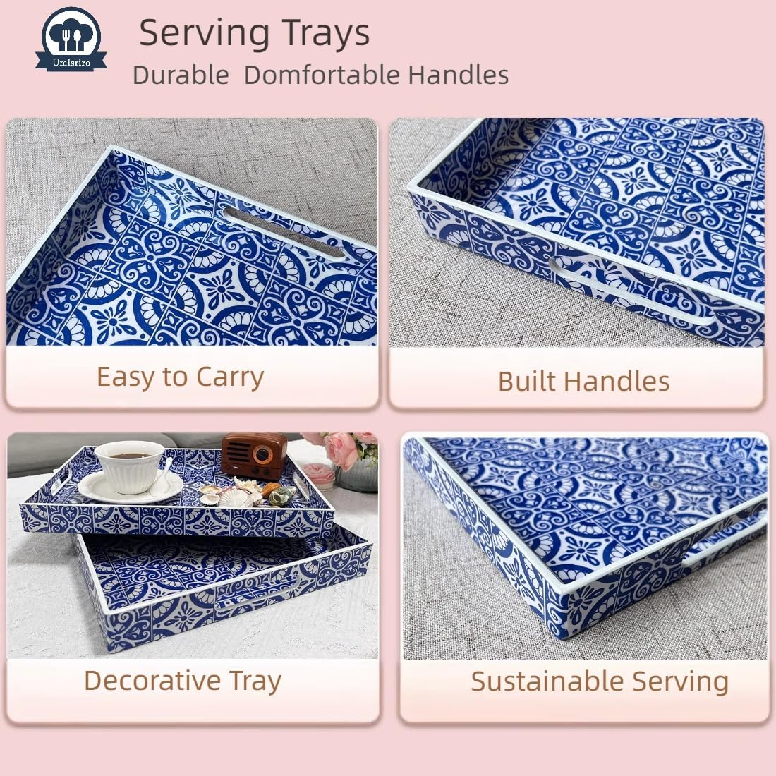 2 Pack Serving Tray with Handles, Rectangular Decorative Trays for Coffee Table, Modern Blue Plastic Ottoman Tray for Living Room, Bathroom, Kitchen, Decor, (Boho Blue)