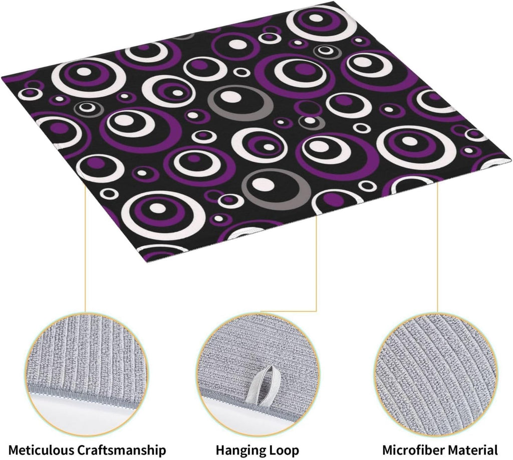 Purple White and Black Circle Pattern Dish Drying Mat, Absorbent Microfiber Decorative Kitchen Counter Mat, 16x18 inch Polyester, Absorption, Foldable, for Dishes Utensils Small Appliances, Home Decor