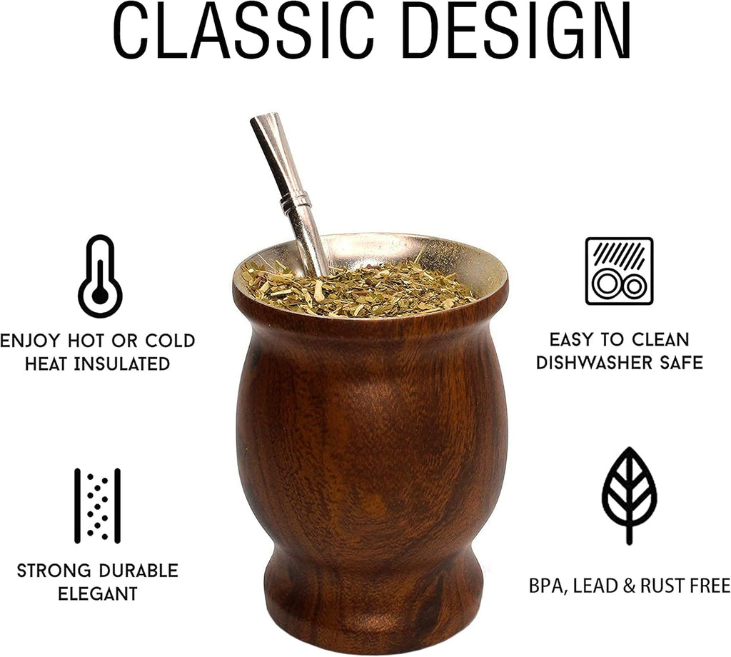 LA FEE Yerba Mate Natural Gourd/Tea Cup Set Brown (Original Traditional Mate Cup - 8 Ounces)，Includes Yerba Mate Straw & Cleaning Brush，Stainless Steel | Double-Walled | Easy to Clean (Brown)