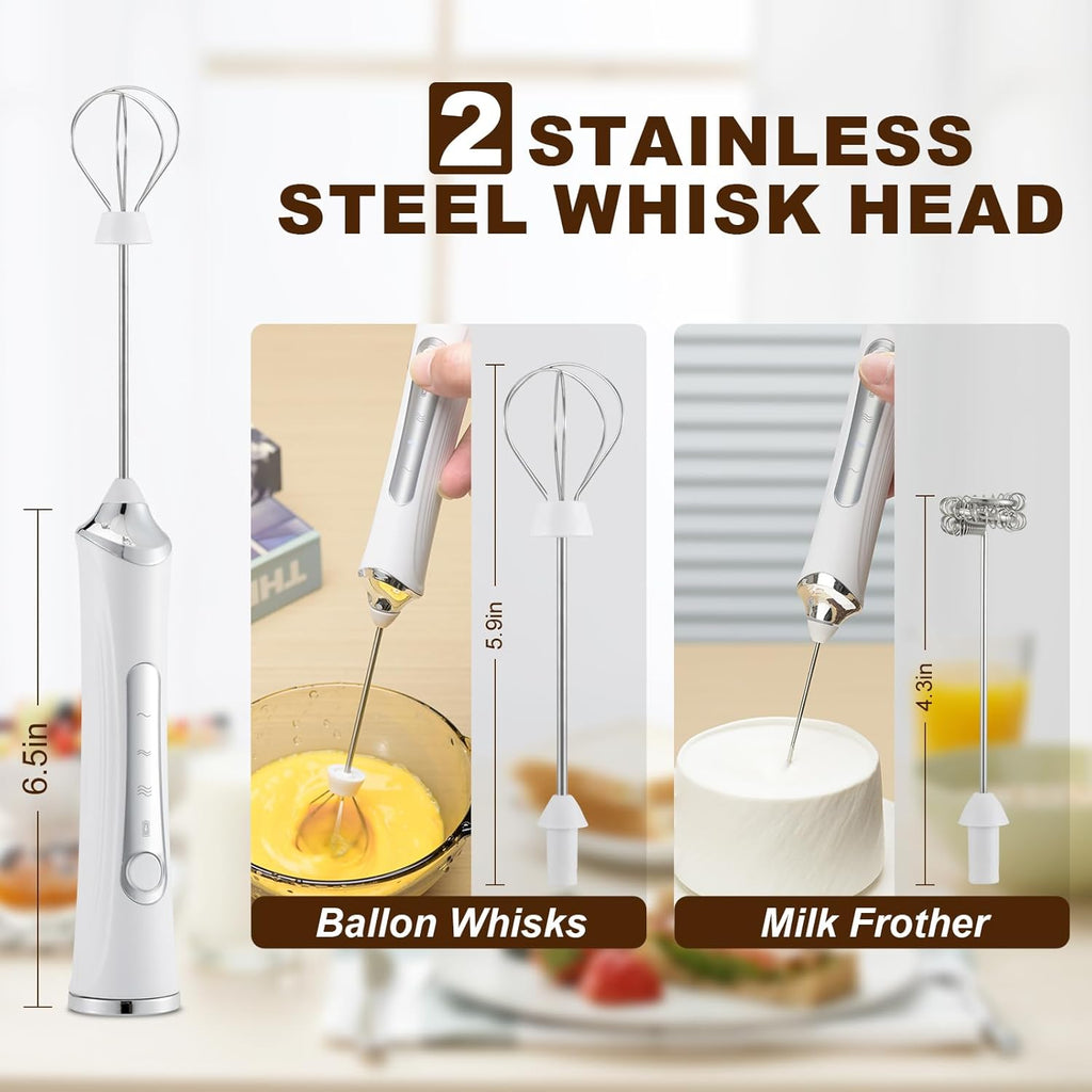 Handheld Electric Milk Frother with 2 Heads, Coffee Whisk Foam Mixer with USB Rechargeable 3 Speeds, Foam Maker Blender for Latte, Cappuccino, Hot Chocolate, Egg (White)