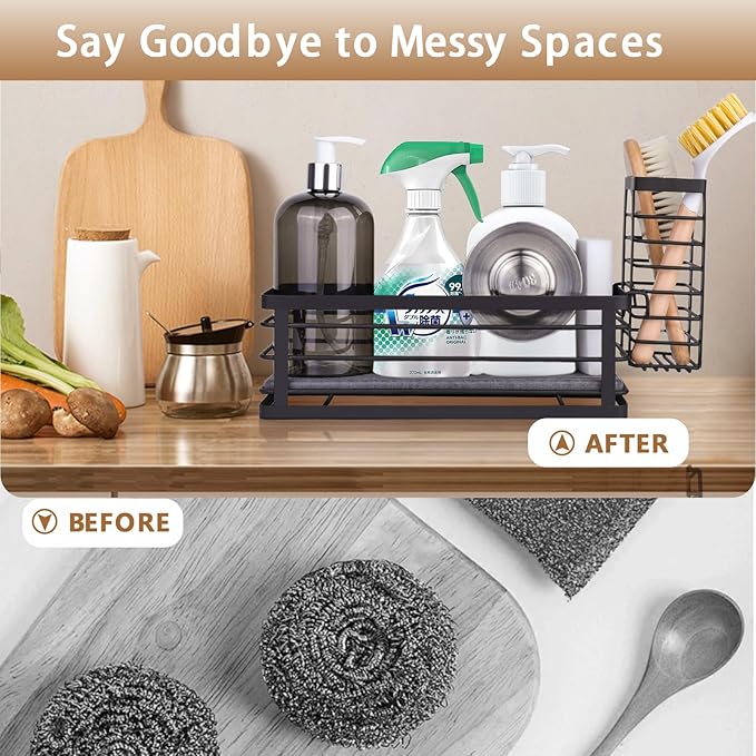 Kitchen Sink Caddy Organizer, 10.5" X 4.0" X 3.6" Sink Sponge Holder for Kitchen with Instant Drying Stone and Dish Brush Holder, Bathroom Organizer for Sponges, Scrubbers, Soap