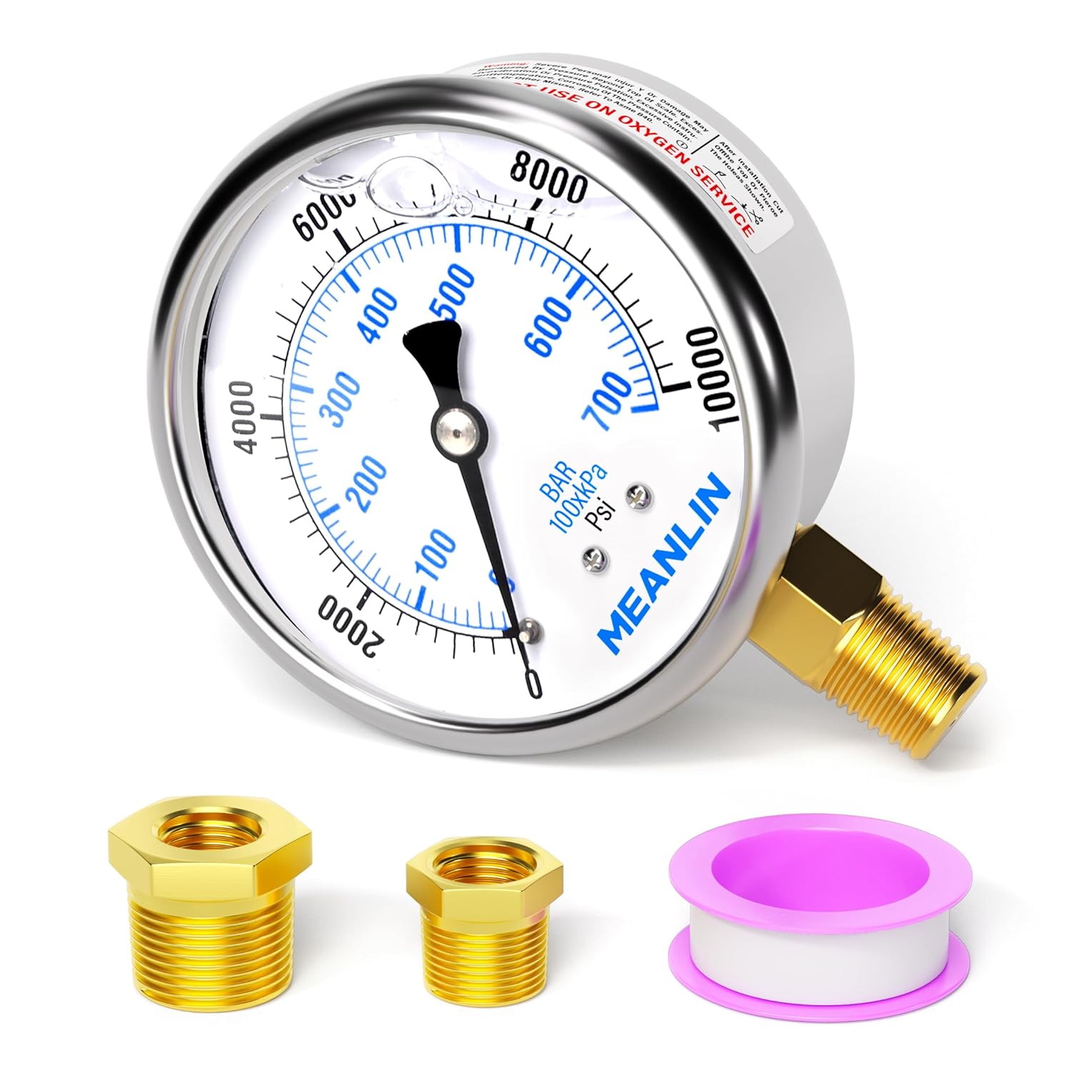 MEANLIN MEASURE 0~10000Psi Stainless Steel 1/4" NPT 2.5" FACE DIAL Liquid Filled Pressure Gauge WOG Water Oil Air Lower Mount, with 1/2" NPT and 3/8" NPT Hex Bushing