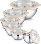 LIANYU Mixing Bowls with Visible Airtight Lids Set, 6Pcs Stainless Steel Kitchen Metal Nesting Bowls, Large Size 7, 3.5, 2.5, 2, 1.5, 1QT for Cooking, Baking, Serving, Dishwasher & Freezer Safe, Khaki