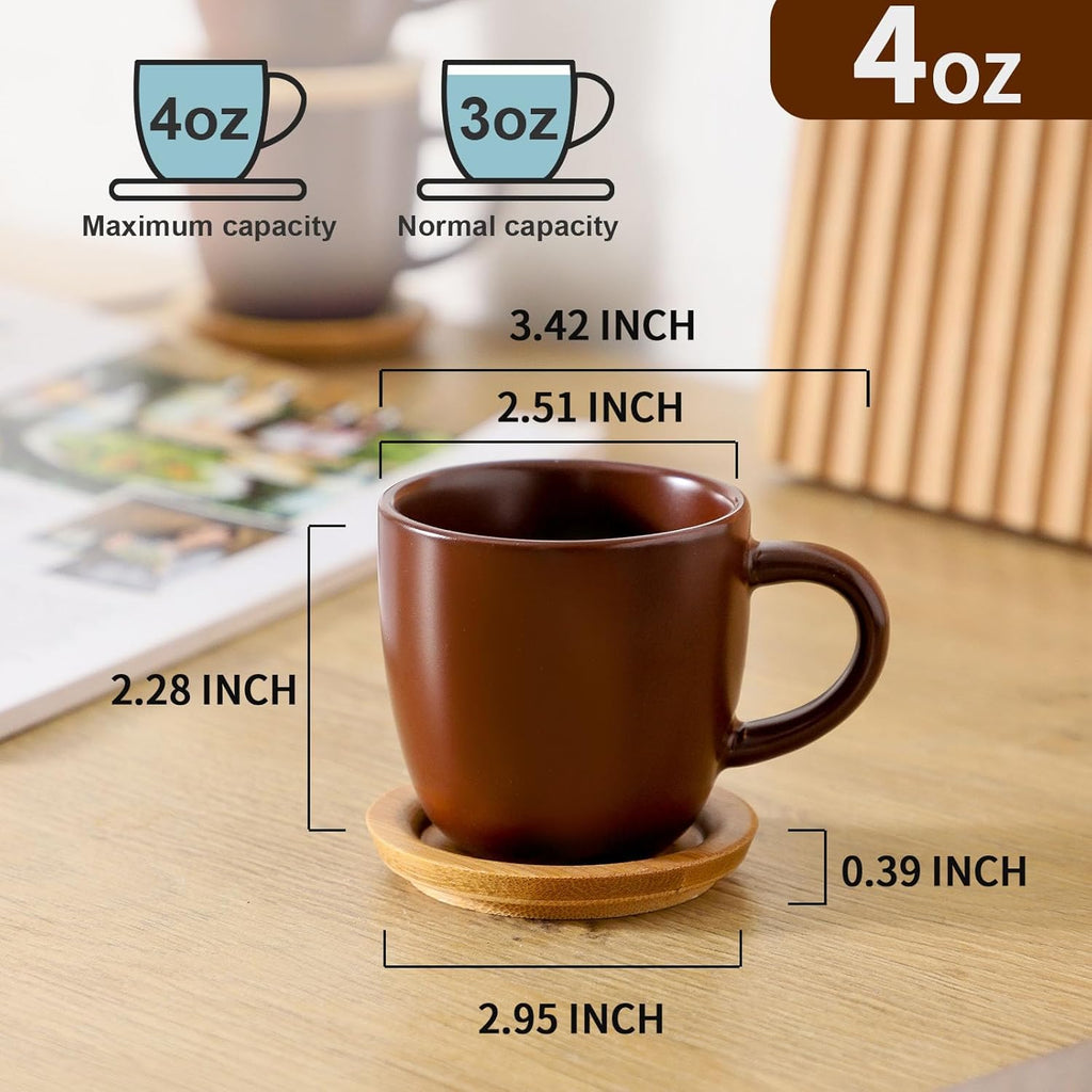 Hasense Stackable Porcelain Mini Espresso Cups and Saucers Set of 6, 4 OZ Ceramic Small Demitasse Espresso Shots Cups with Lids for Nespresso Lungo, Latte, Cafe Mocha and Tea, Brown