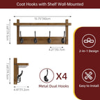 Coat Rack with Shelf Wall Mount, Entryway Bamboo Hanging Shelf, Set of 2, Wall Hook Rail for Hallway Décor, Storage Clothe, Hat, Robe, Key, Dog Leash (Walnut)