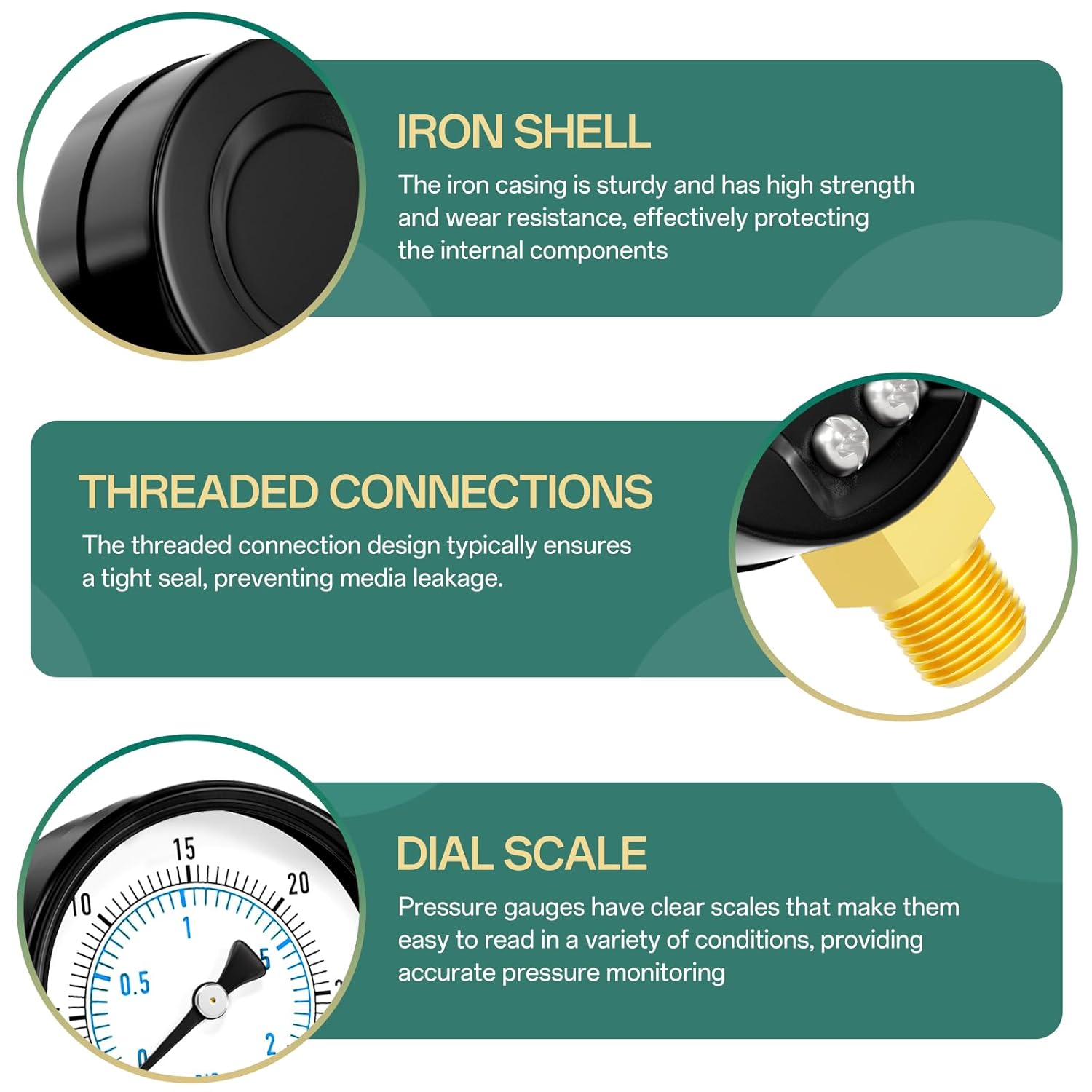 0-30PSI Well Pump Pressure Gauge 2" Dial Size, 1/4" NPT Lower Mount, 3-2-3% Accuracy, for Tube, Water Pump, Gas, Liquid, Pressure Test