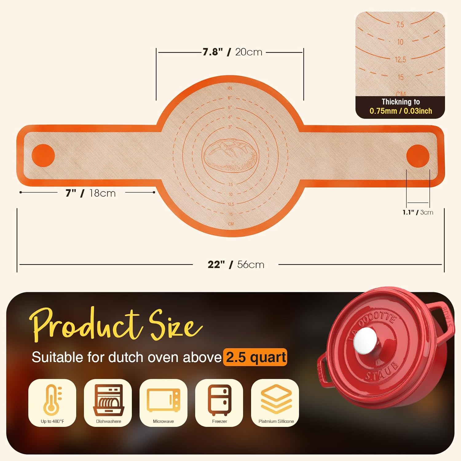 Dizywiee Silicone Bread Sling for Dutch Oven, 3-Pack Non-Stick & Easy to Clean Bread Baking Mat Set, Reusable Bread Sling with Long Handle to Transfer Sourdough, 01.3Pack Black+Orange+Red