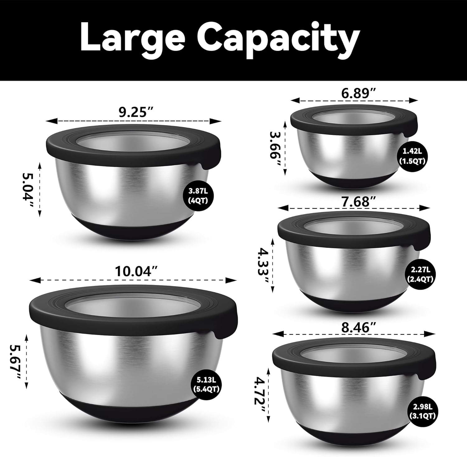 Stainless Steel Mixing Bowls with Lids – Set of 5 Large Nesting Metal Bowls for Kitchen, Baking, Cooking, Food Prep & Storage, Non-Slip Base, Dishwasher Safe,Black