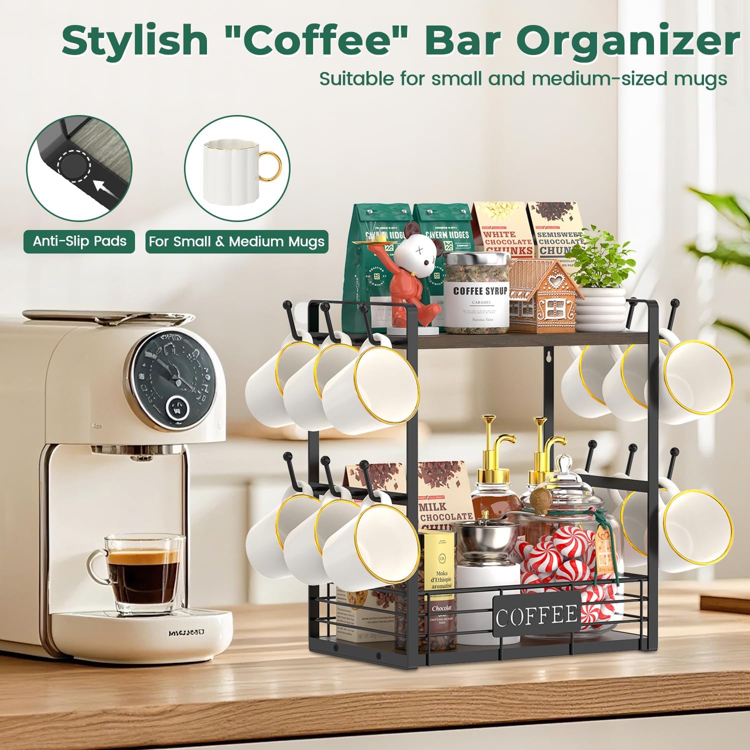EsLuker.ly Coffee Mug Cup Holder Stand Bar Station Organizer for Countertop, Multi-Functional 2 Tier Mug Tree Rack for Kitchen, Storage Shelf with 12 Hooks, Brown-Black(Patented Design)