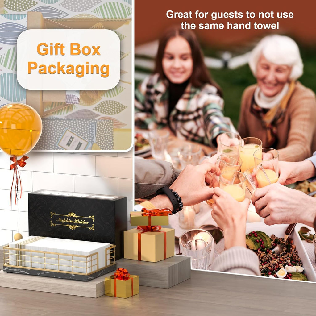 Wican Marble Guest Towel Holder Tray for Bathroom, Napkins Holder for Powder Room Dinning Table Wooden Basket for Disposable Paper Hand Towels Gold and Marble Black