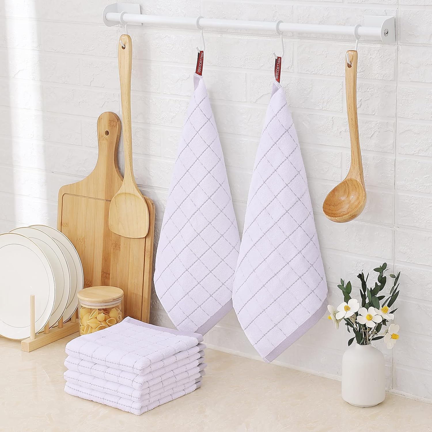 Homaxy 100% Cotton Terry Kitchen Dish Cloths, Ultra Soft and Absorbent Dish Towels for Kitchen, Suitable for Drying and Washing Dishes, 8 Pack, 12 x 12 Inches, White