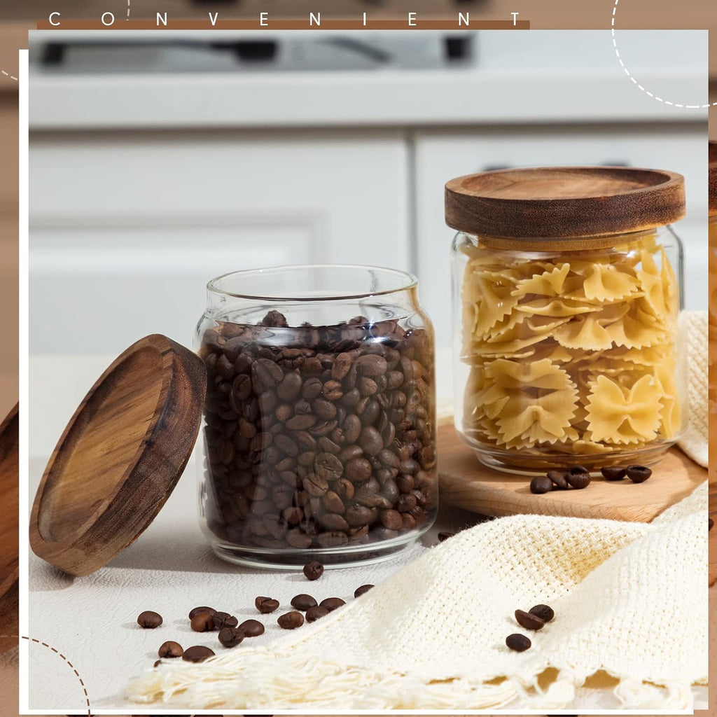 Irenare 16 Pcs 17 oz/ 500 ml Glass Canister Food Airtight Sealed Clear Borosilicate Glass Storage Jars with Lids Kitchen Spice Containers for Serving Coffee Sugar Tea Beans Candy Nuts Pantry (Wood)