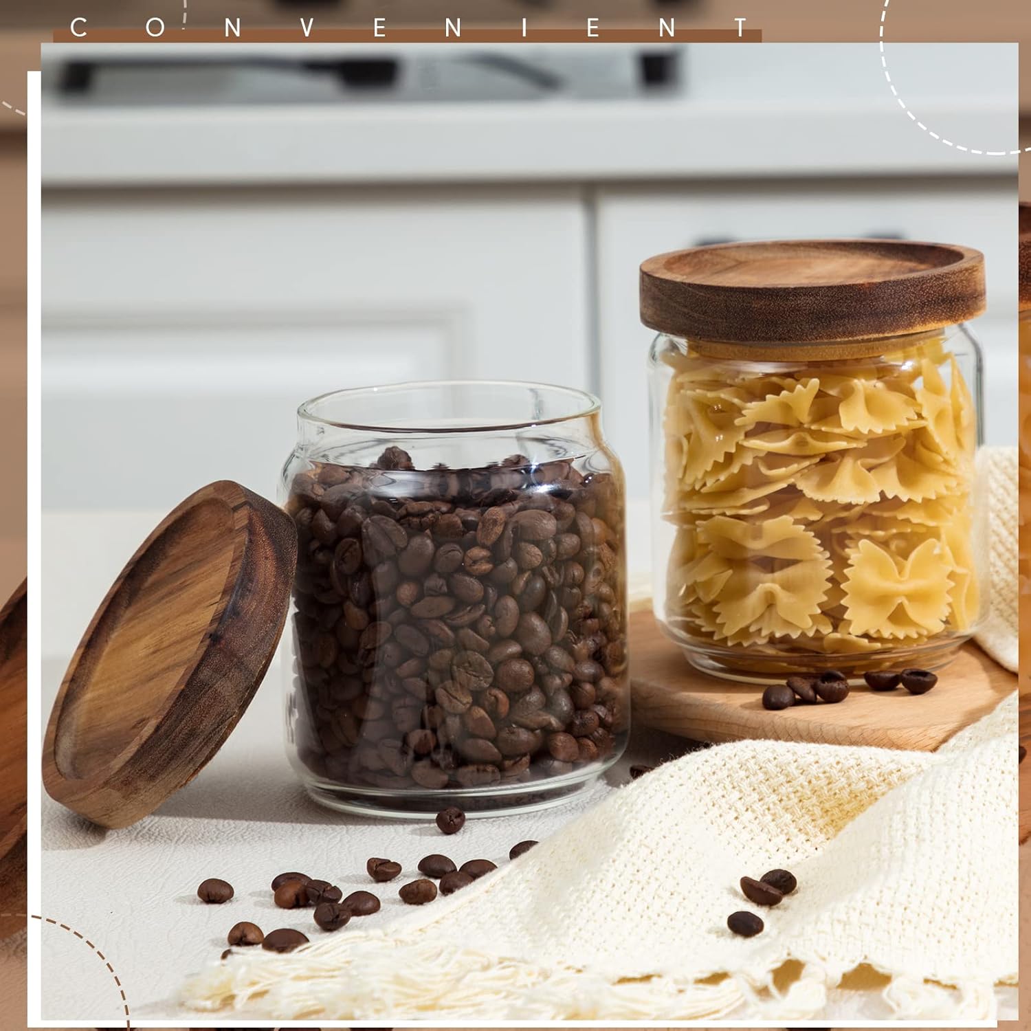 Irenare 16 Pcs 17 oz/ 500 ml Glass Canister Food Airtight Sealed Clear Borosilicate Glass Storage Jars with Lids Kitchen Spice Containers for Serving Coffee Sugar Tea Beans Candy Nuts Pantry (Wood)