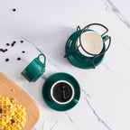 YOLIFE 2.5oz Porcelain Stackable Espresso Cups with Saucers and Metal Stand Set of 4, Stackable Cappuccino Cups, Green Expresso Shots Cup Set for Coffee Drinks, Latte, Tea
