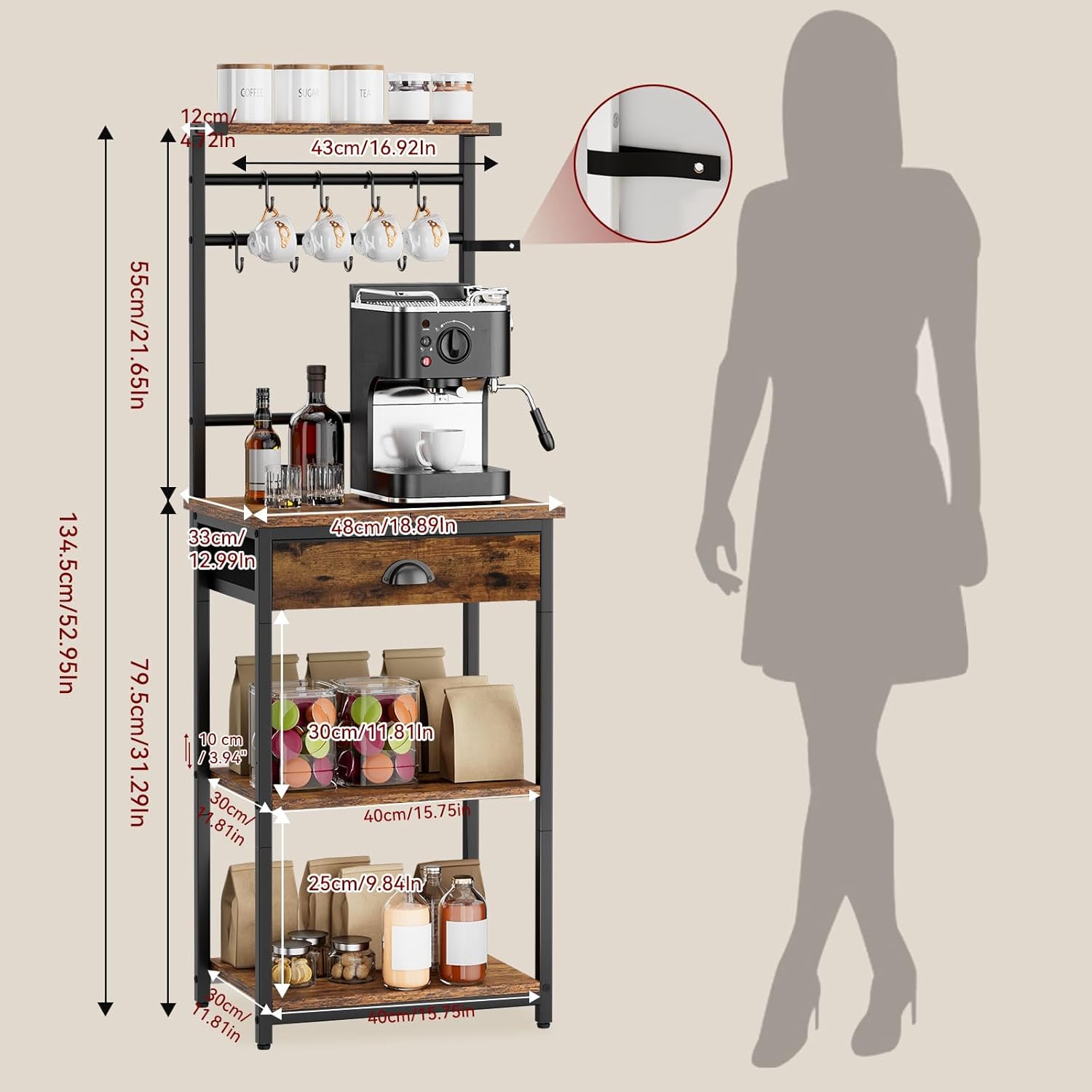 YMYNY 5 Tier Coffee Bar Station, Coffee Stand with Fabric Drawers, 8 S-Shaped Hooks, Corner Bar Cabinet, Height Adjustable, Bakers Rack for Kitchen, Living Room, Rustic Brown HBR009H