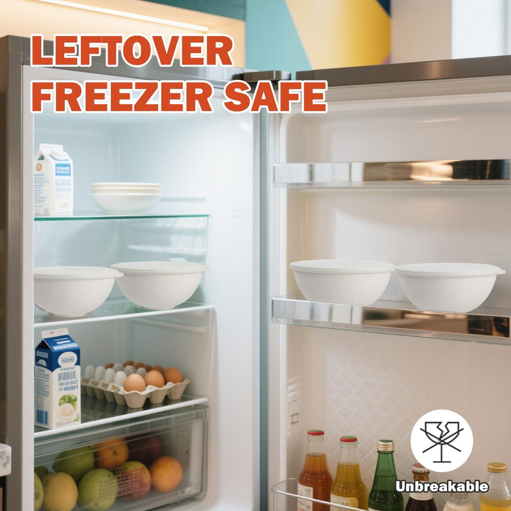 alternative plastic bowl set with lids,unbreakable wheat straw bowls 40oz suitable for indoors and outdoors,overnight foods container with cover. White