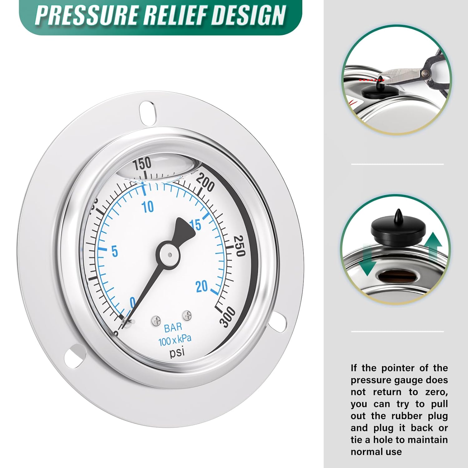 0-300PSI Panel Mount Front Flanged Glycerin Filled Pressure Gauge, 2.5" Dial Size, 1/4" MNPT Back Mount, Stainless Steel Case, with Phillips Screw and Nut, for Water, Gas, Liquid Pressure