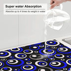 Blue Black White Geometric Circle Dish Drying Mat for Kitchen Counter, 18" x 24" Absorbent Microfiber Drying Pad for Dishes, Modern Decor Kitchen Mat, Foldable, for Sink Dining Area Small Appliances