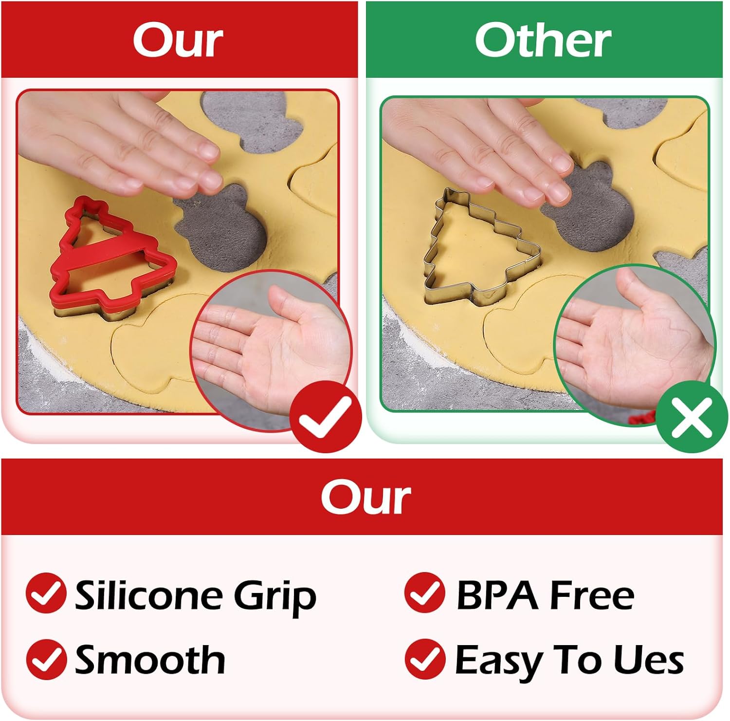 Christmas Cookie Cutters, 6 Pcs Holiday Cookie Cutter with Comfort Grip - Gingerbread Men, Christmas Tree, Snowflake, Santa Hat, Gloves, Snow Man Shapes Cookie Mold for Winter Holiday Party Supplies